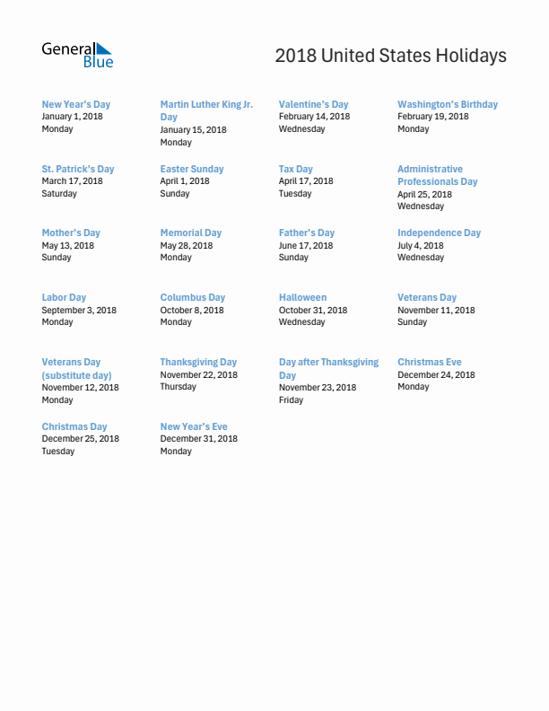 Free printable list of United States holidays for year 2018