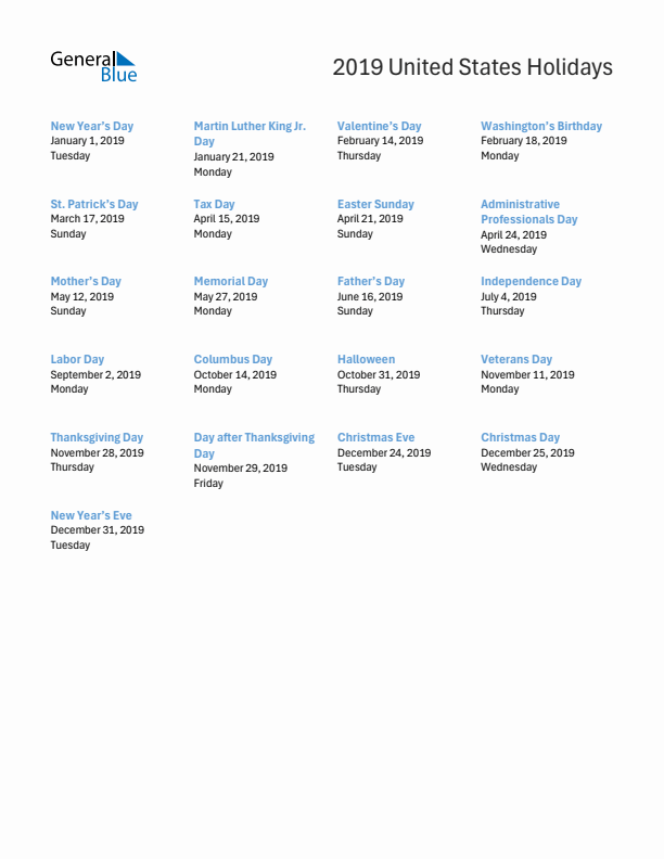 Free printable list of United States holidays for year 2019