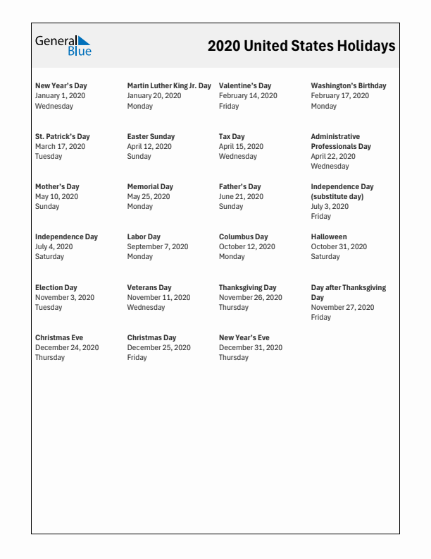 2020 United States List of Holidays in PDF, Word, and Excel