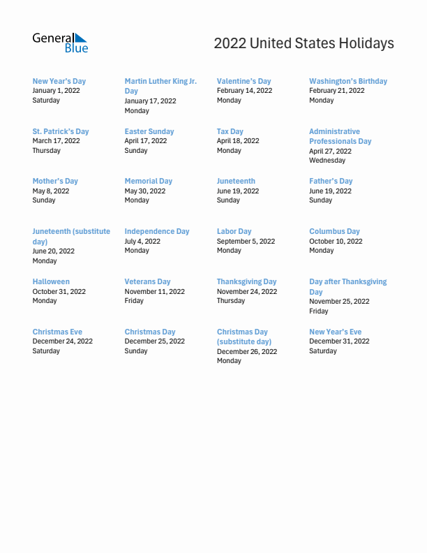 Free printable list of United States holidays for year 2022