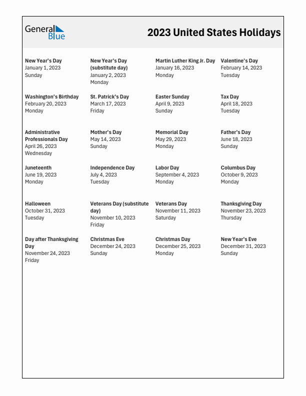 Free printable list of United States holidays for year 2023