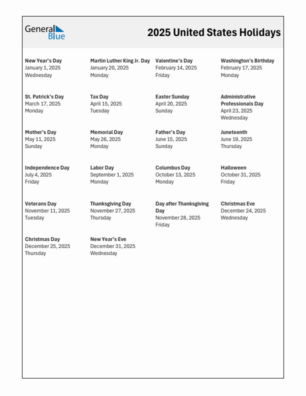 2025 United States List of Holidays in PDF, Word, and Excel