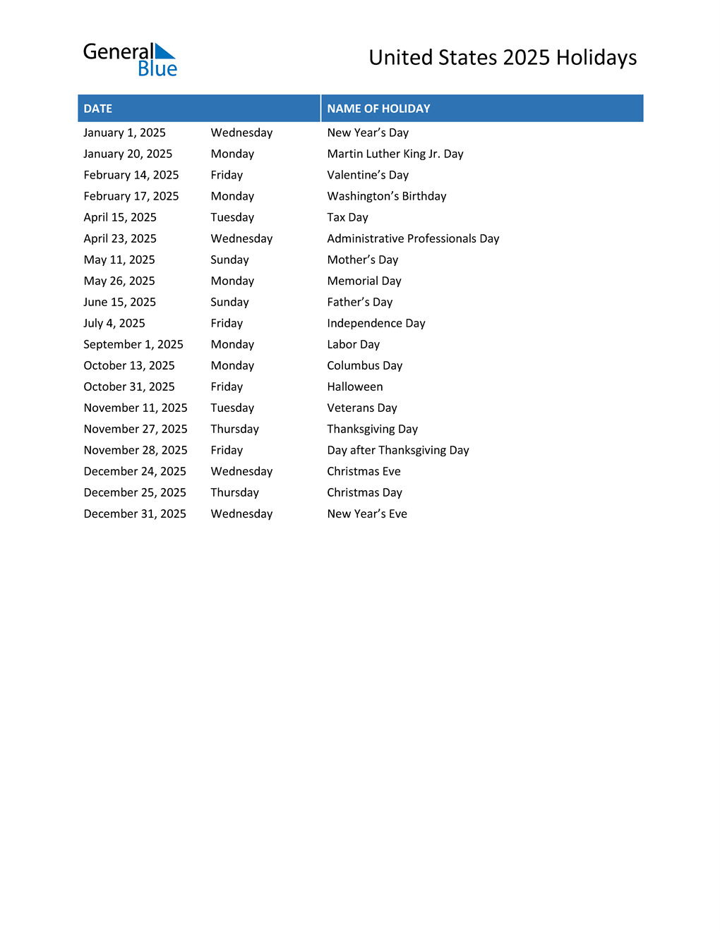 United States Holidays 2025 in PDF, Word and Excel