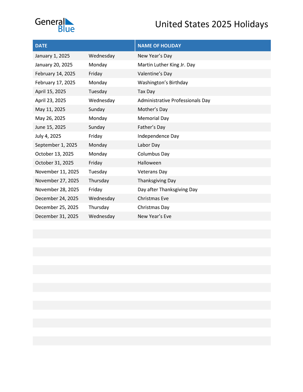 United States Holidays 2025 in PDF, Word and Excel