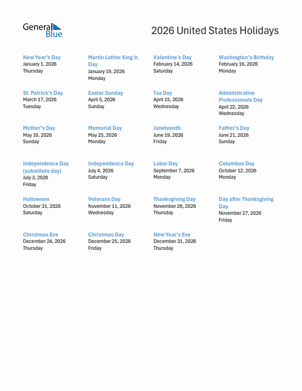 Free printable list of United States holidays for year 2026