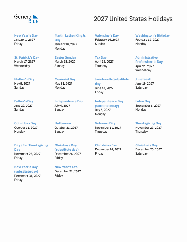 Free printable list of United States holidays for year 2027