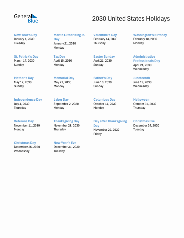 Free printable list of United States holidays for year 2030