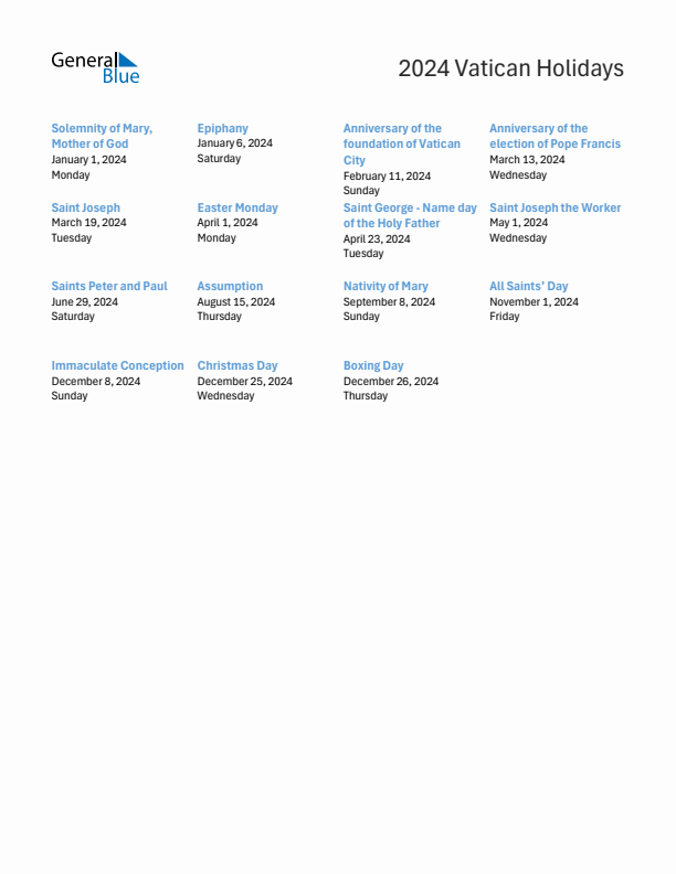 Free printable list of Vatican holidays for year 2024