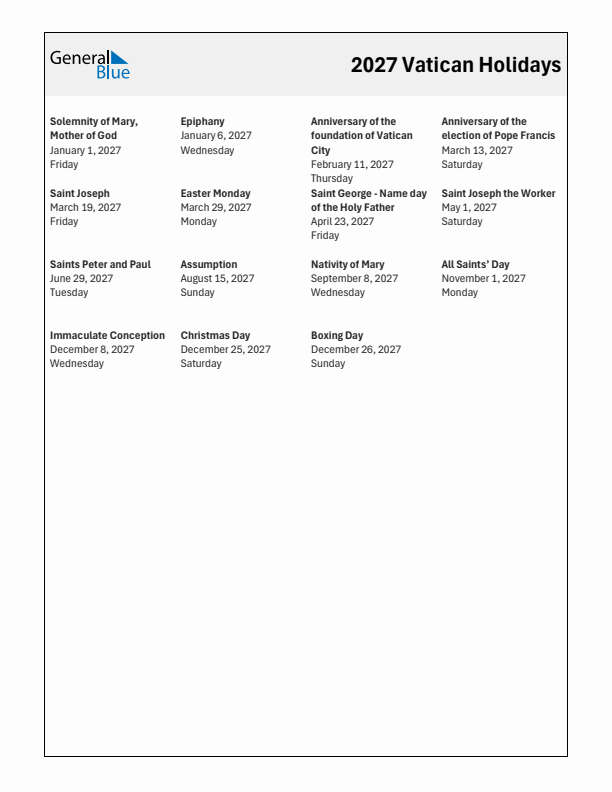 Free printable list of Vatican holidays for year 2027