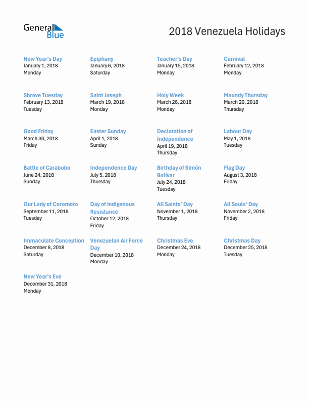 Free printable list of Venezuela holidays for year 2018