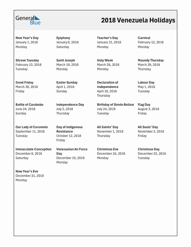 Free printable list of Venezuela holidays for year 2018