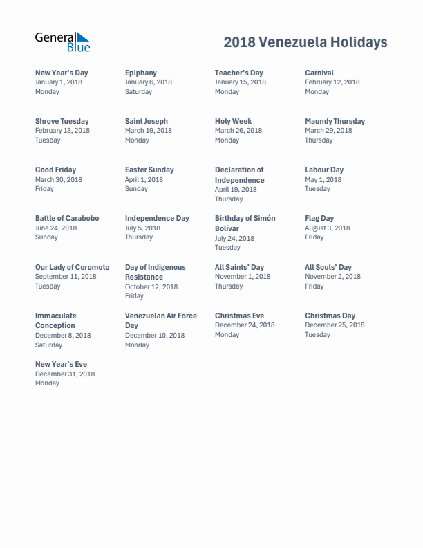 Free printable list of Venezuela holidays for year 2018