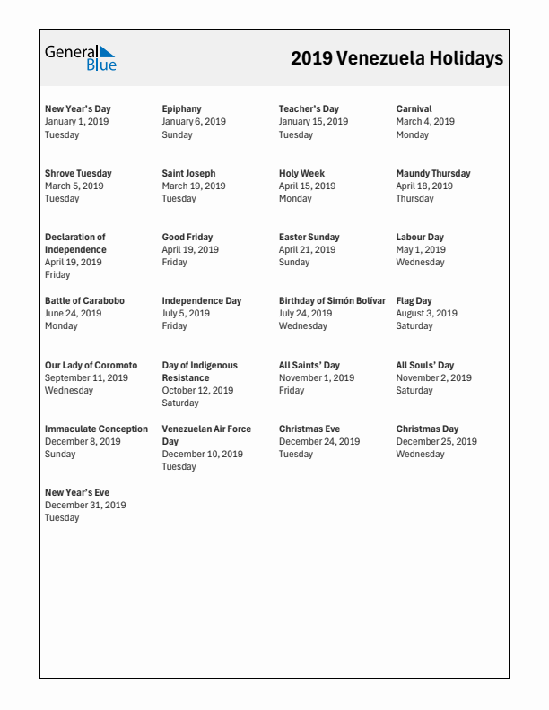 Free printable list of Venezuela holidays for year 2019