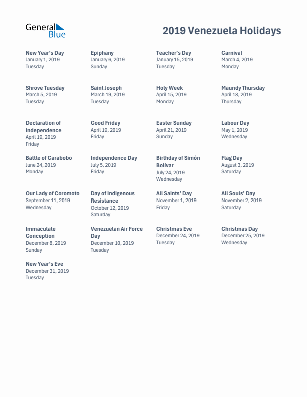 Free printable list of Venezuela holidays for year 2019