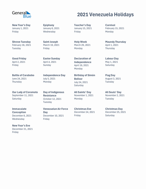 Free printable list of Venezuela holidays for year 2021