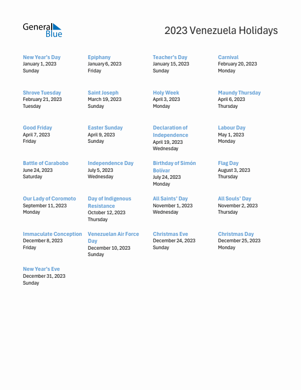 Free printable list of Venezuela holidays for year 2023