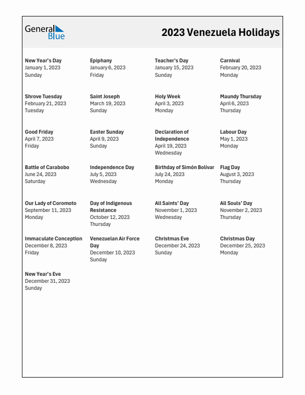 Free printable list of Venezuela holidays for year 2023