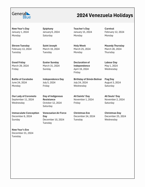 Free printable list of Venezuela holidays for year 2024