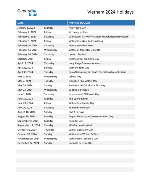 Vietnam Holidays 2024 in PDF, Word and Excel