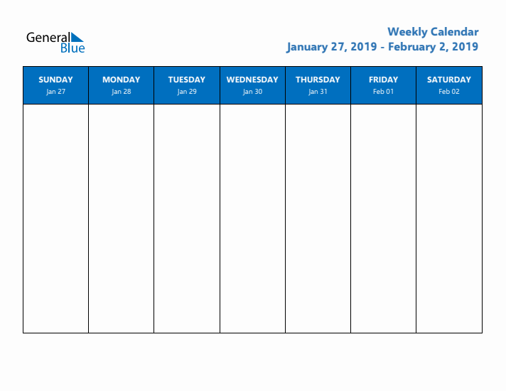 Free Editable Weekly Calendar with Sunday Start - Week 5 of 2019