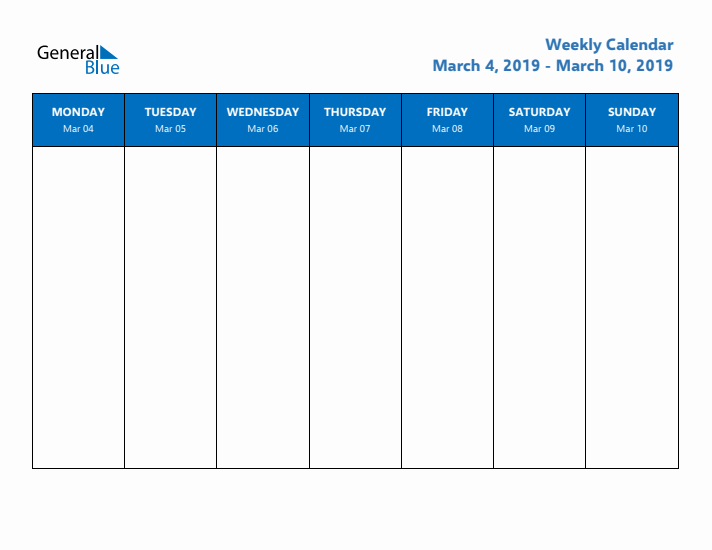Free Editable Weekly Calendar with Monday Start - Week 10 of 2019