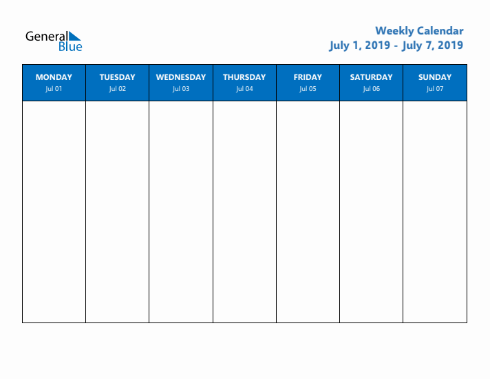 Free Editable Weekly Calendar with Monday Start - Week 27 of 2019
