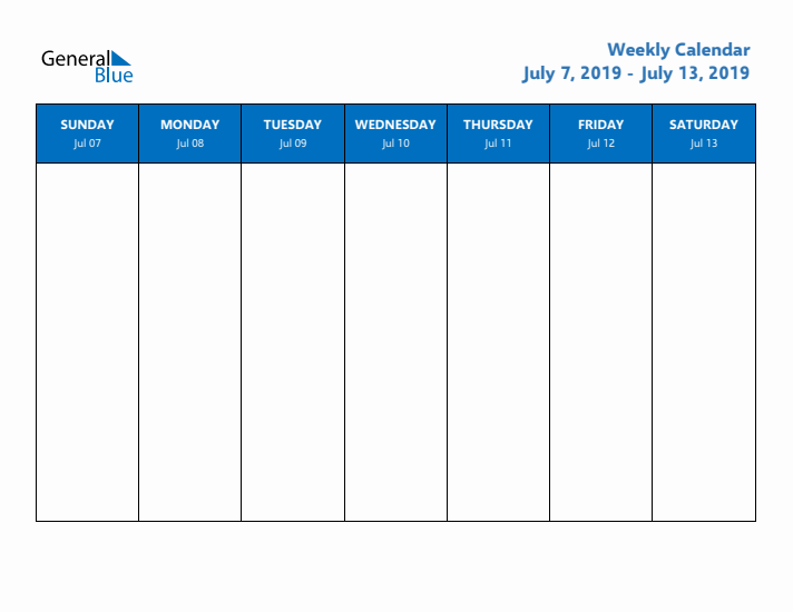 Free Editable Weekly Calendar with Sunday Start - Week 28 of 2019