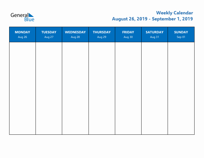 Free Editable Weekly Calendar with Monday Start - Week 35 of 2019