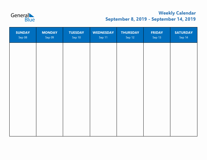 Free Editable Weekly Calendar with Sunday Start - Week 37 of 2019