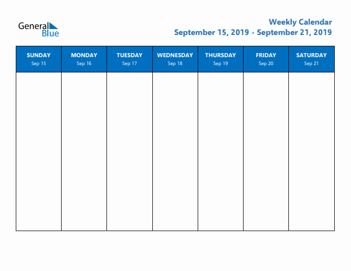Free Editable Weekly Calendar with Sunday Start - Week 38 of 2019