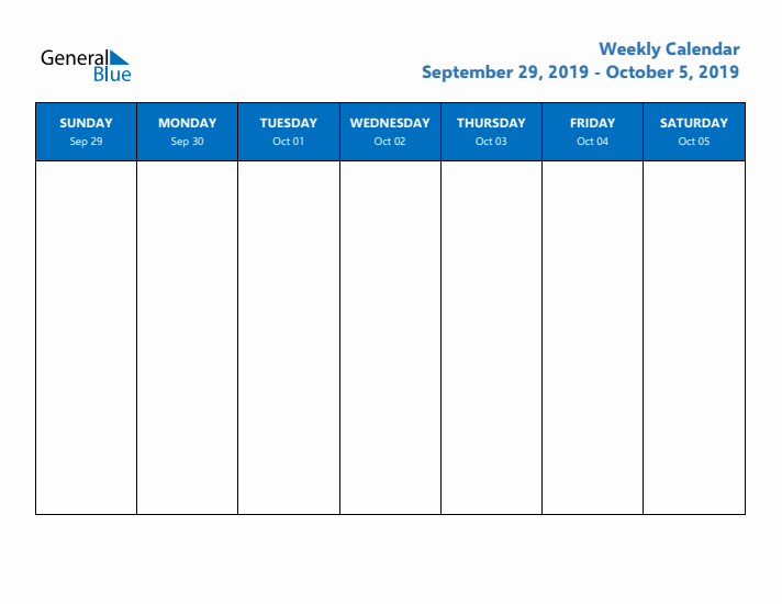 Free Editable Weekly Calendar with Sunday Start - Week 40 of 2019