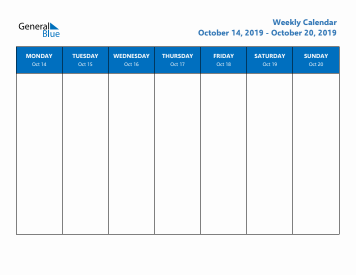 Free Editable Weekly Calendar with Monday Start - Week 42 of 2019