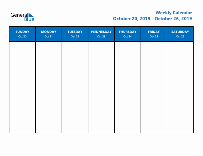 Free Editable Weekly Calendar with Sunday Start - Week 43 of 2019