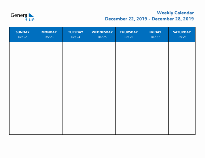 Free Editable Weekly Calendar with Sunday Start - Week 52 of 2019