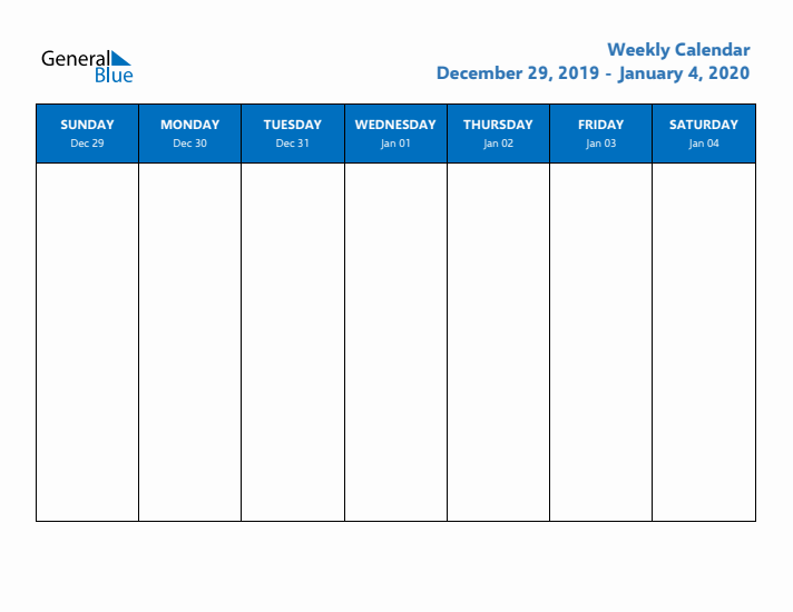Free Editable Weekly Calendar with Sunday Start - Week 1 of 2020