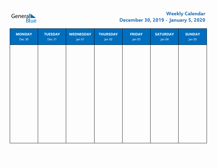 Free Editable Weekly Calendar with Monday Start - Week 1 of 2020