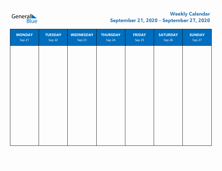 Free Editable Weekly Calendar with Monday Start - Week 39 of 2020