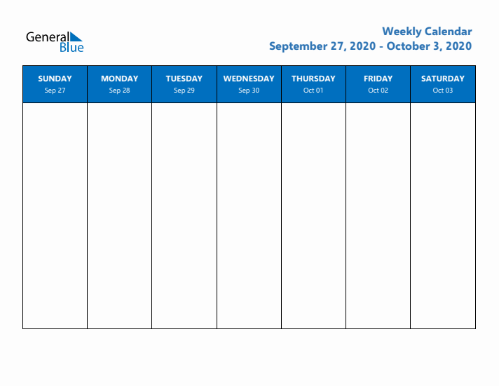 Free Editable Weekly Calendar with Sunday Start - Week 40 of 2020