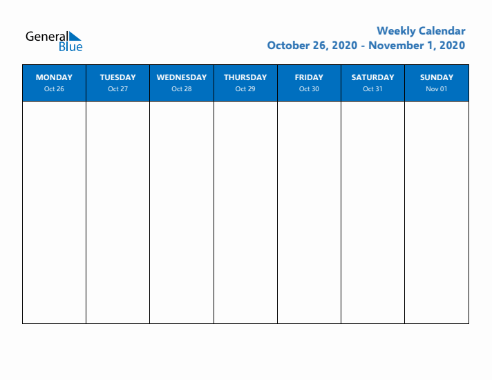 Free Editable Weekly Calendar with Monday Start - Week 44 of 2020