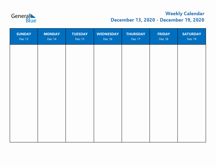 Free Editable Weekly Calendar with Sunday Start - Week 51 of 2020