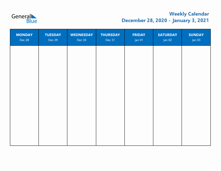Weekly Calendar with Monday Start for Week 53 (December 28, 2020 to