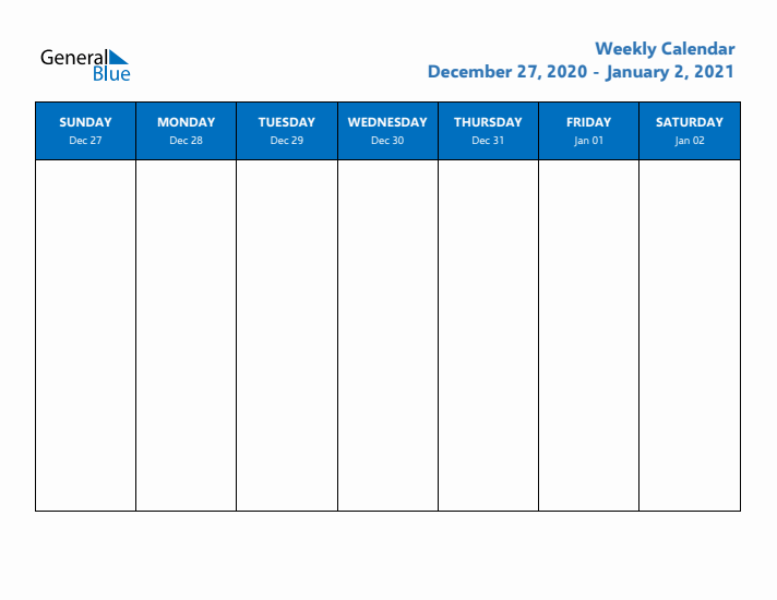 Free Editable Weekly Calendar with Sunday Start - Week 1 of 2021