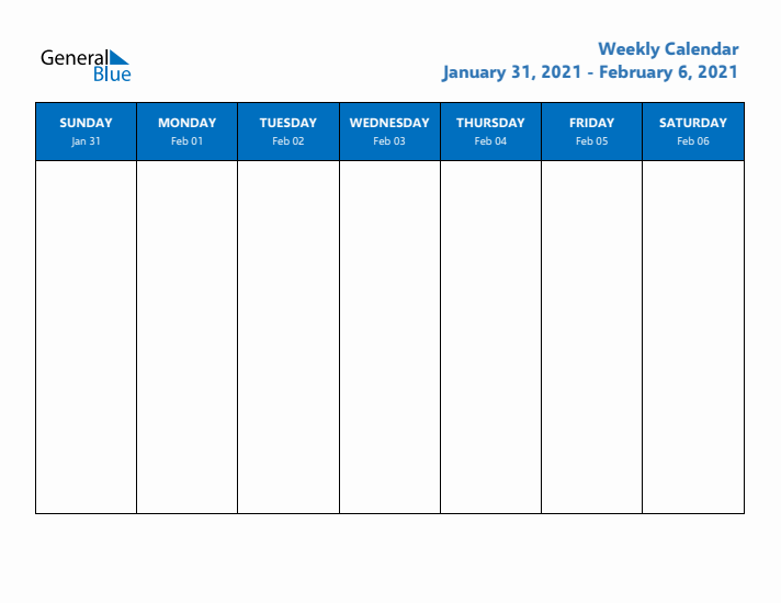 Free Weekly Calendar with Sunday Start - Week 6 of 2021