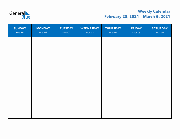 Free Weekly Calendar with Sunday Start - Week 10 of 2021