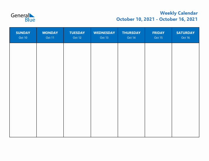 Free Weekly Calendar with Sunday Start - Week 42 of 2021