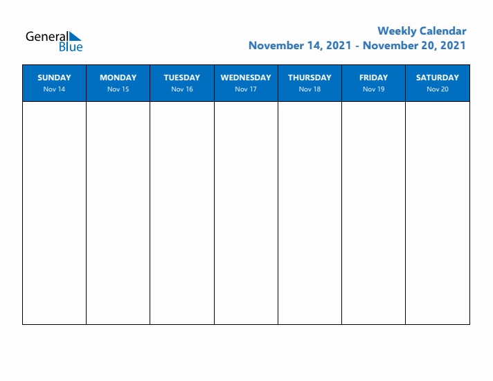 Free Weekly Calendar with Sunday Start - Week 47 of 2021