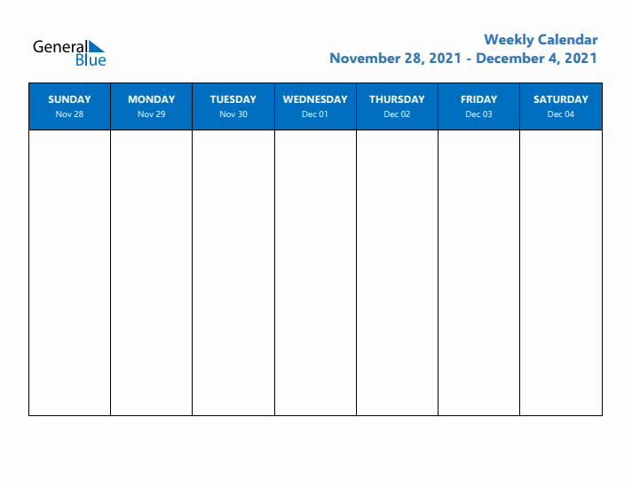 Free Weekly Calendar with Sunday Start - Week 49 of 2021
