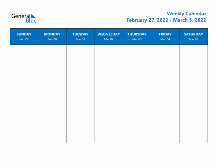 Free Weekly Calendar with Sunday Start - Week 10 of 2022