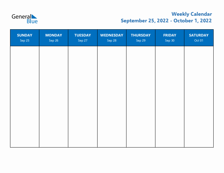 Free Weekly Calendar with Sunday Start - Week 40 of 2022