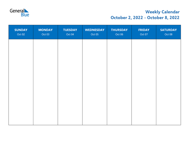 Weekly Calendar - October 2, 2022 to October 8, 2022 - (PDF, Word, Excel)